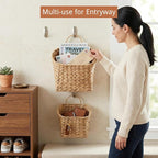 Wicker Hanging Basket,Woven Hanging Wall Basket for Organizing and Decor,Natural Water Hyacinth Wall Mounted Storage Baskets for Farmhouse Home,Door,Entryway,Flower,Mail,Plant,Set of 2