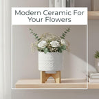 Tribal Look Footed Decorative Planter Pot – Ceramic Stoneware Outdoor and Indoor Plant Pot – Modern Garden and Home Decor Ceramic Planters with Wooden Stand– 8", White