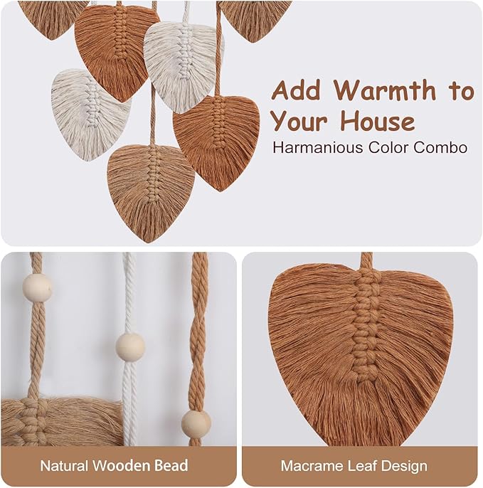 EaseMyKit Wall Hanging Decor Leaves Tapestry, Boho Wall Decor Woven Feather Handmade Yarn Tassels Leaf Macrame Wall Art Decorations for Living,Bedroom,Office,Nursery,Apartment Room,16x22 Inch(Brown)