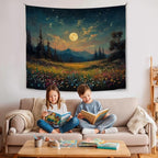 Moonlit Wildflower Forest Tapestry, Colorful Night Landscape Wall Tapestry Backdrop, Oil Painting Style Nature Scene Hanging Decor for Bedroom,Dorm, Studio and Aesthetic Home Space (Green-Moom)