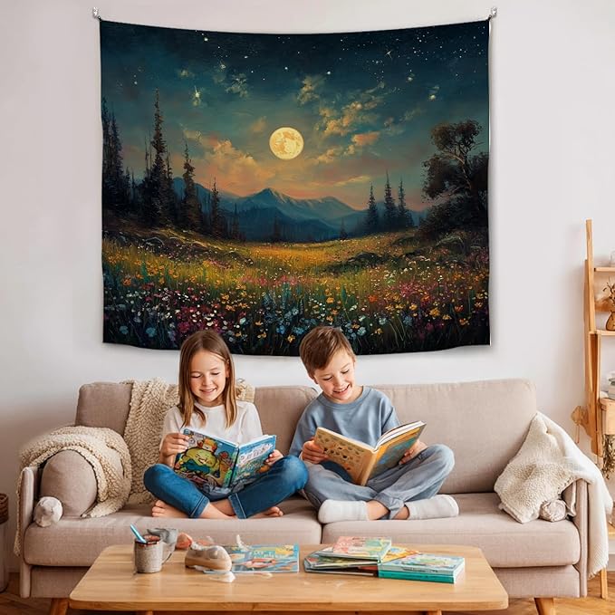 Moonlit Wildflower Forest Tapestry, Colorful Night Landscape Wall Tapestry Backdrop, Oil Painting Style Nature Scene Hanging Decor for Bedroom,Dorm, Studio and Aesthetic Home Space (Green-Moom)
