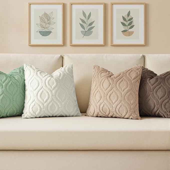 decorUhome Cozy Textured Throw Pillow Covers 18x18 Inch Set of 2, Soft Plush Faux Wool Light Khaki Accent Couch Pillow Covers for Modern Farmhouse Sofa Bed Living Room