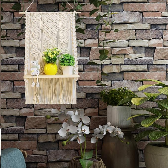 Macrame Wall Hanging Shelf, Handmade Indoor Boho Pot Basket Hanger Holder, Rope Plant Hanger for Wall Decor (White)