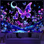 Yuiqear Blacklight Butterfly Tapestry UV Reactive Floral Plant Tapestries Trippy Nature Landscape Wall Tapestries Mysterious Starry Night Sky Tapestry Wall Hanging for Bedroom Decor