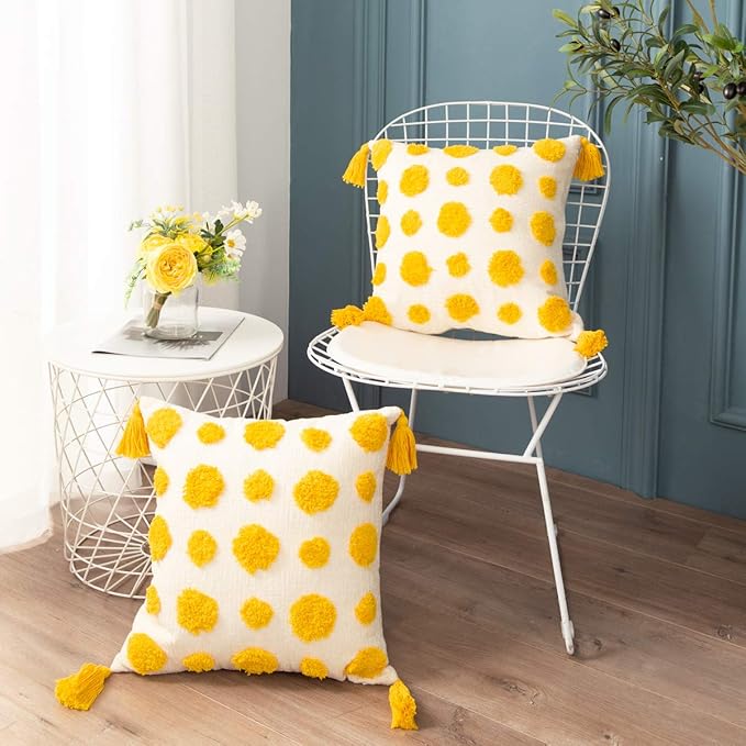 PLWORLD Boho Yellow Throw Pillow Cover 18x18 Inch with Tassels, Pom Pom Tufted Decorative Cream Chenille Fabric Accent Textured Cushion Case for Bed Couch, 1 PC Cover Only No Insert