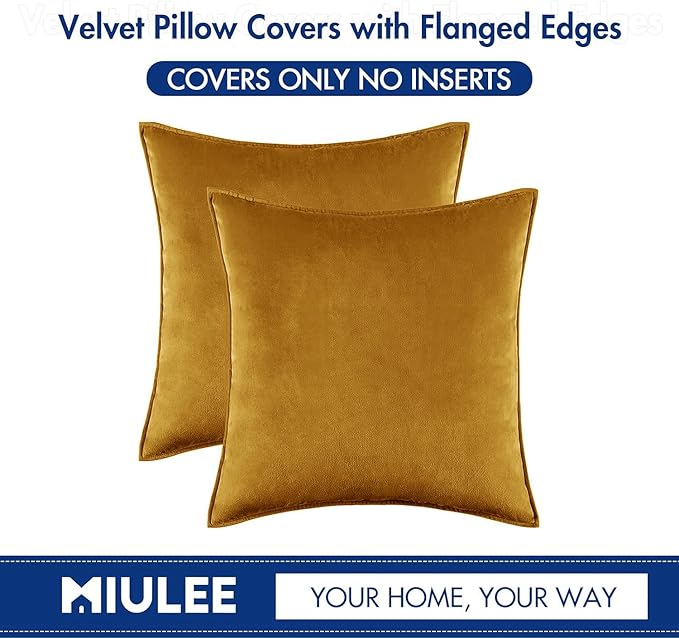 MIULEE Mustard Yellow Velvet Throw Pillow Covers 20x20 Soft Decorative Solid Square Cushion Cases Pack of 2 Modern Luxury Home Decor for Couch, Sofa, Bedroom