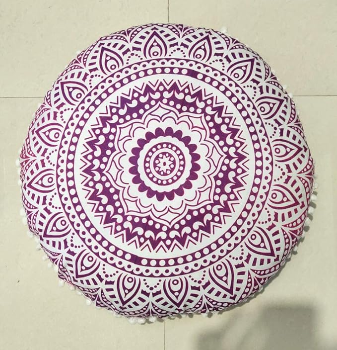 INDIAN CRAFT CASTLE 24" Pink Ombre Mandala Barmeri Large Floor Pillow Cover Cushion Meditation Seating Ottoman Throw Cover Hippie Decorative Zipped Bohemian Pouf Ottoman Pom Pom Cases 24" Round