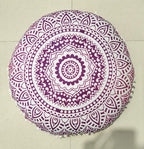 INDIAN CRAFT CASTLE 24" Pink Ombre Mandala Barmeri Large Floor Pillow Cover Cushion Meditation Seating Ottoman Throw Cover Hippie Decorative Zipped Bohemian Pouf Ottoman Pom Pom Cases 24" Round