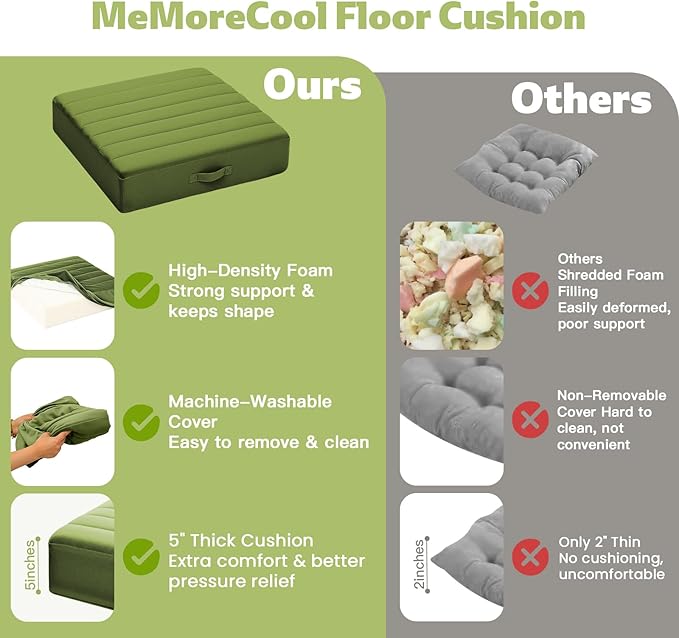 MeMoreCool Square Floor Pillows for Adults Kids, 2 Sets Large Meditation Cushion with 5" Thick Foam and Washable Tufted Cover, 24 Inch Green Seat Floor Cushions for Sitting and Yoga