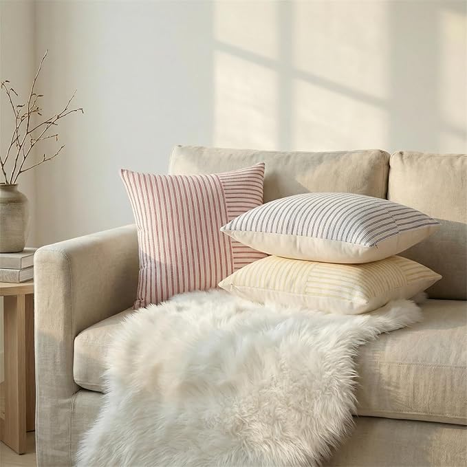 Christmas Pillow Covers 24x24, Modern Accent Square Throw Pillow Covers Set of 2, Red and Beige Striped Patchwork Linen Decorative Pillows Cushion Covers for Couch Chair Bedroom Christmas Decorations