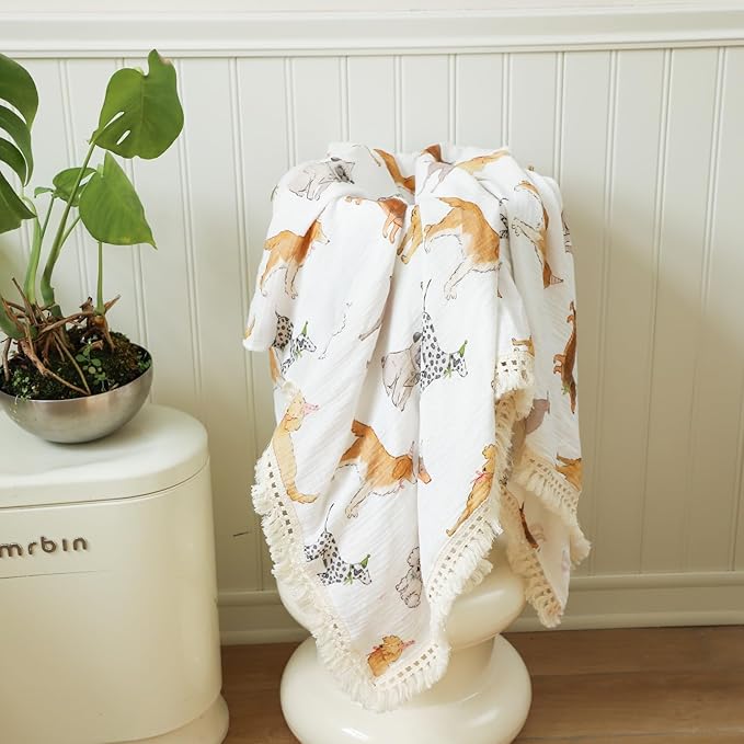 insular Cotton Muslin Baby Blanket with Tassel, Boho Bohemian Muslin Swaddle Blanket Baby Receiving Blanket with Fringe, Nursery Decor Throw or Nursing Blankets, 47" x40”, Party Dogs