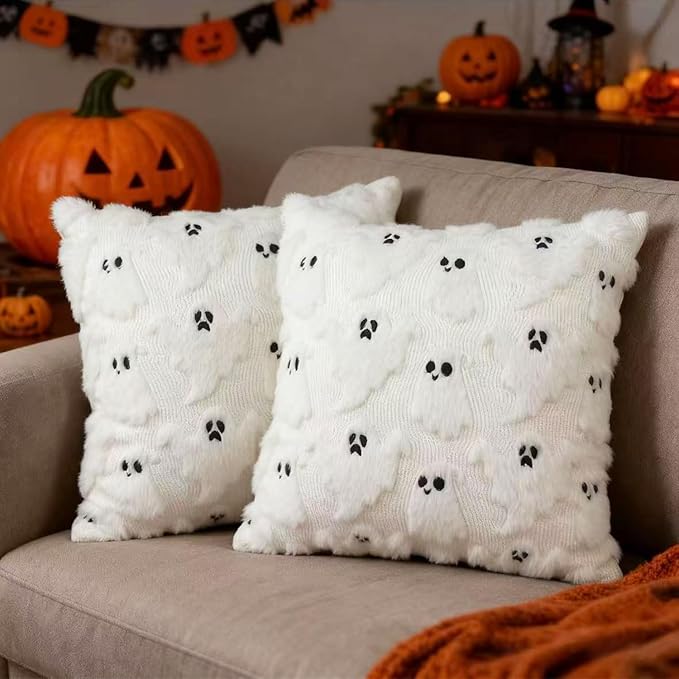 Halloween Decorative Pillow Covers 18x18 Set of 2 Ghost Throw Pillow Covers, Faux Fur Soft Pillow Cover Fluffy Plush Accent Throw Pillow Case, Throw Pillow Cover Cushion Cover for Home Decor, White