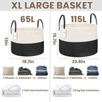 65L Extra Large Blanket Basket for Living Room - Woven Cotton Rope Laundry Hamper with Reinforced Handles - Storage Bin for Pillows, Comforters & Toys - Machine Washable,White&Black