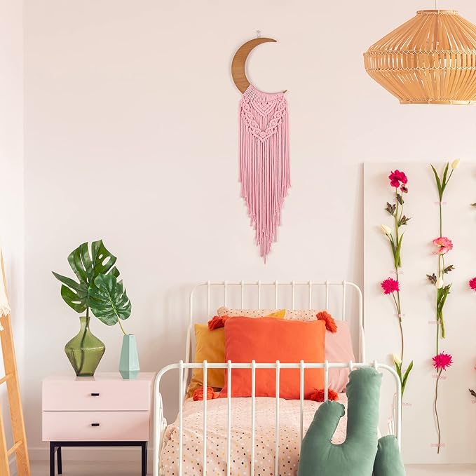 ANROYE Macrame Wall Hanging Boho Moon Decor, Bohemian Crescent Wooden Ornament with Long Tassel, Handmade Unique Wood Tapestry Home Decoration Wall Art Gift for Dorm Bedroom Nursery Living Room