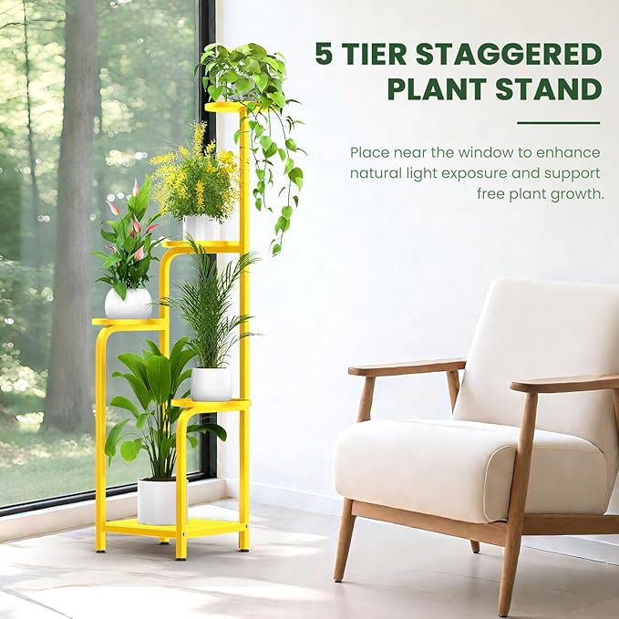TOSKING 5 Tier Tall Plant Stand Indoor Outdoor,Anti-Tip Plant Stand indoor, Wide Base for Pots, Child and Pet Friendly,Heavy Duty Corner Shelf for Plants & Decor, Space Saving ,Tiered Metal Flower Pot Stand for Balcony, Garden, Living Room, Patio (Yell...