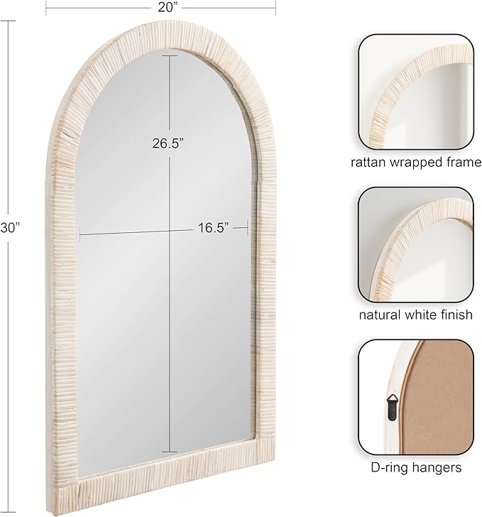 Kate and Laurel Rahfy Boho Arched Rattan Mirror, 20 x 30, White, Decorative Arch Wall Mirror with Authentic Rattan Frame for Vanity Bathroom Mirror