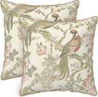Vintage Bird Floral Soft Velvet Throw Pillow Covers Set of 2 Cream Chinoiserie Flowers Leaves Decorative Pillow Covers 20x20 Inch Retro Farmhouse Pillow Case With Gold Trim For Sofa Couch Home Decor
