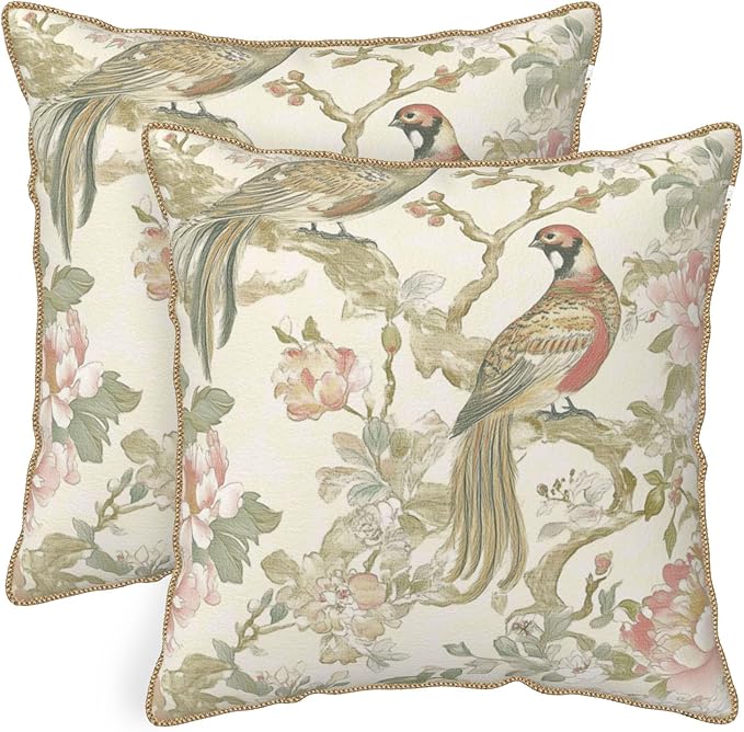 Vintage Cream Chinoiseriel Soft Velvet Throw Pillow Covers Set of 2 Bird Floral Flowers Leaves Decorative Pillow Covers 18x18 Inch Rustic Farmhouse Pillow Case For Sofa Couch Living Room Home Decor