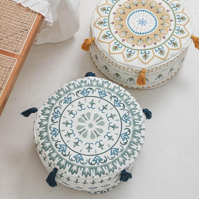 MOCOFO Round Unstuffed Pouf Cover D45xH20cm Scandinavian Simplicity Geometric Print Floor Cushion - Washable Ottoman for Living Room Home Decor