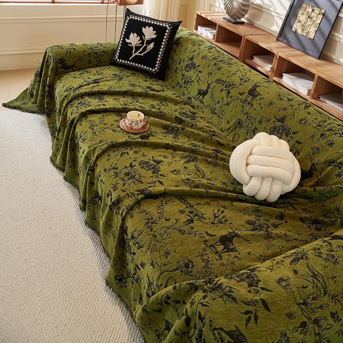 ROOMLIFE Green Sofa Cover, Vintage Boho Couch Cover for 3 Cushion Sofa, Non Slip Soft Chenille Sofa Slipcovers for Dog, Washable Furniture Sofa Protector Cover with Tassel for Living Room, 71''X118”