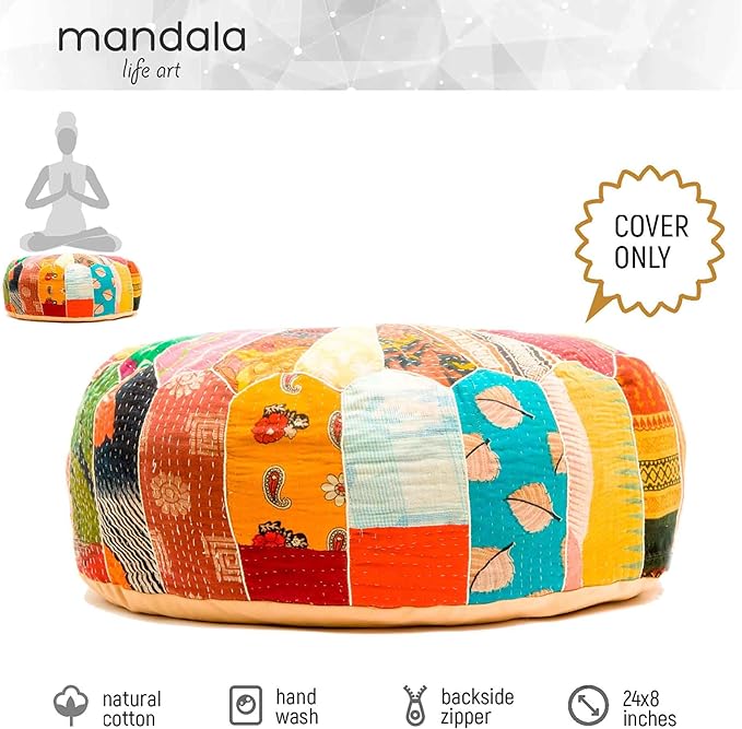 Mandala Life ART Indian Vintage Colorful Pouf Ottoman Cover Handmade Round Floor Cushion Pillow Patchwrok Recycled Cotton Bohemian Room Décor for Yoga and Boho Chic Seating Area 24x8 Unstuffed