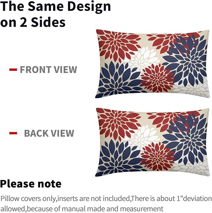 4th of July Blue Red White Pillow Covers 12X20 Inch Set of 2, Modern Geometry Dahlia Floral Print Holiday Decorative Throw Pillow Covers Outdoor Farmhouse Cushion Case for Couch Sofa Bed Decor