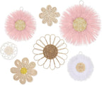 Chunful 7 Pcs Boho Wall Basket Decor Rattan Flower Wall Decor Nursery Daisy Flower Woven Macrame Hanging Flowers for Baby Kids Girls Farmhouse Bedrooms Living Rooms Kitchen Home(Pink)