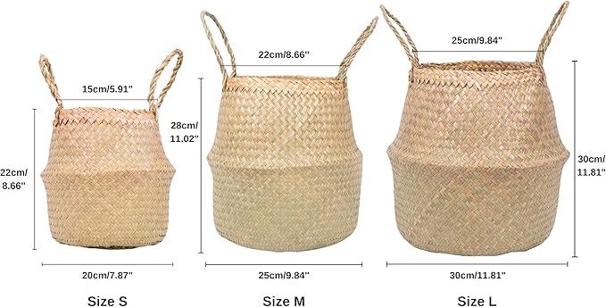 Woven Seagrass Belly Basket For Storage Plant Pot Baskets Laundry Picnic Grocery Baskets Woven Plant Pot Holder Home Decor For Storage Plants Wicker Laundry Basket (Large)