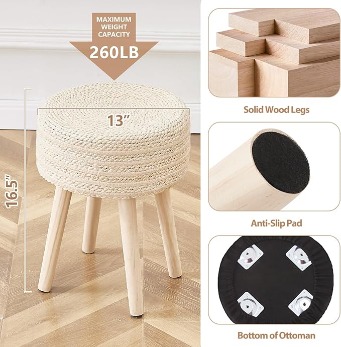 Cpintltr Round Ottoman Footstool Natural Seagrass Foot Stool Pouf Ottomans with Solid Wood Legs Hand Weave Hyacinth Footrest Step Stool for Living Room Balcony Garden Natural & Beige