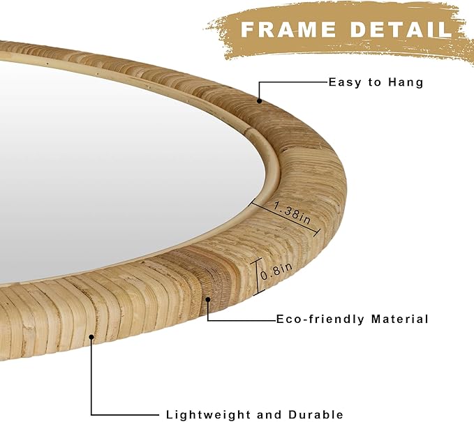 Rattan Bathroom Mirror, Rattan Mirrors for Wall, 28inch Round Mirror Boho Frame for Bathroom Farmhouse Bedroom Checkroom Livingroom Decor