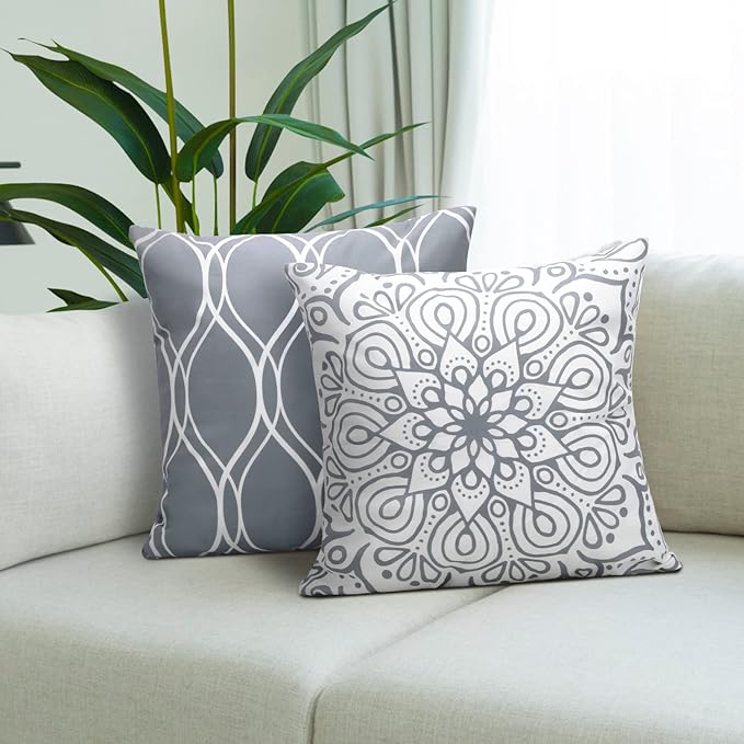 Coliuso Decorative Throw Pillow Covers 16x16 Set of 4, Gray and White Modern Simple Square Pillow Case Cushion Cover for Sofa Couch Farmhouse Outdoor Living Room (Gray and White, 16"x16")
