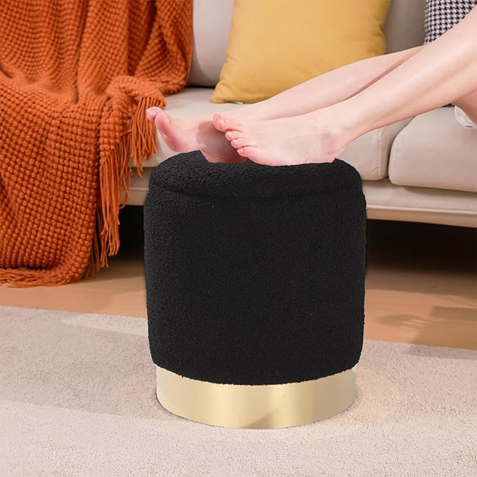 Round Ottoman with Storage Set of 2 Vanity Stool Foot Rest with Removable Lid for Bedroom Black Sherpa Storage Ottoman Stool for Living Room and Dorm(Sherpa Black)