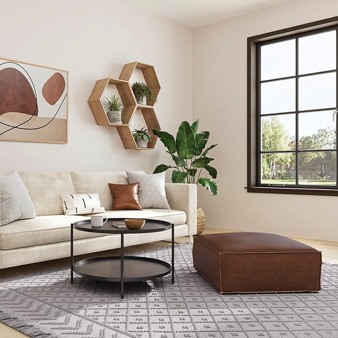 SIMPLIHOME Brody Large Square Coffee Table Pouf - 30 inch Wide Upholstered Vegan Leather Ottoman in Distressed Dark Brown, Boho Footstool, Coffee Table or Extra Seating for Living Room, Assembled