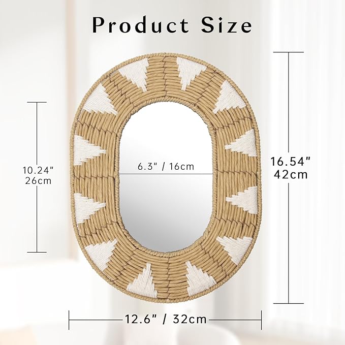 Briful Bohomain Wall Mirror Oval Decorative Mirror Seagrass Wall-Mounted Mirror Farmhouse Home Décor, Hanging Wall Art for Living Room Bedroom Dining Room, Size-16.54''x12.6''