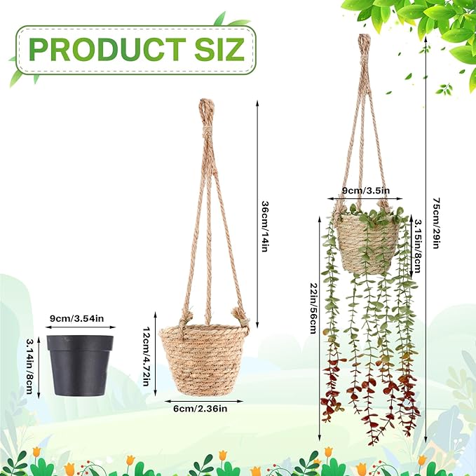 Giegxin Spring Mini Hanging Artificial Plant with Woven Basket Boho Fake Plants Ivy Faux Vines Eucalyptus Leaf for Indoor Home Wall Shelf Decor(3 Set,Green,Hanging Plant Basket)