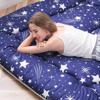 MAXYOYO Navy Starry Sky Japanese Floor Futon Mattress, Tatami Floor Mat Portable Camping Mattress Kids Sleeping Pad Foldable Rolling Up Floor Lounger Couch Bed Queen with Mattress Protector Cover