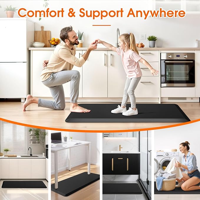 Kitchen Mat, Cushioned Thick Floor Comfort Mat, with Non-Slip Bottom, Waterproof & Stain Resistant & Easy Clean, Standing Desk Mat for Kitchen, Sink, Office (17.3''x39'', Black)