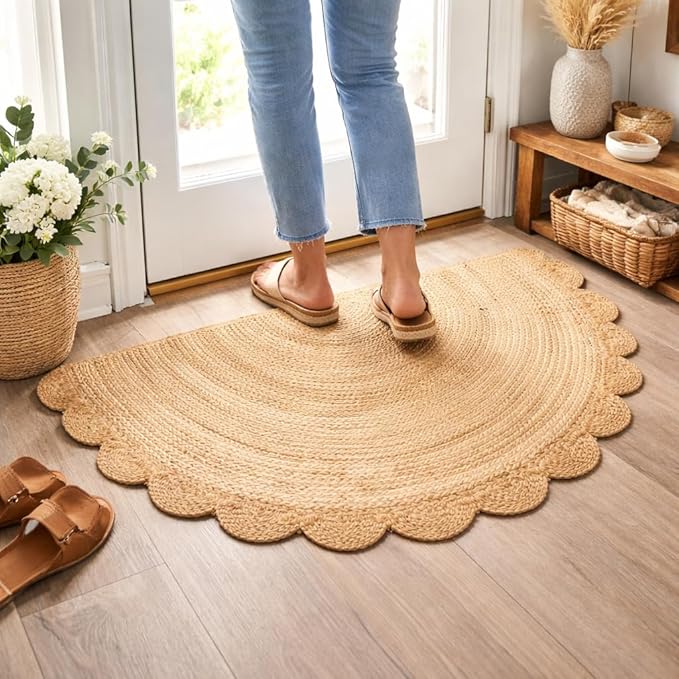 Savi Home Half Hand Woven Area Rug Braided Jute Scalloped Border, Decor Collection Classic Quality Made for Living Room, Kitchen, 22x42 - Natural