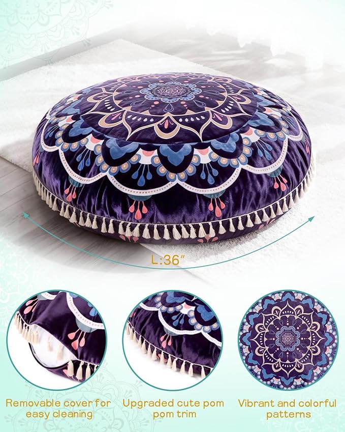 Hihealer Meditation Cushion, Large Velvet Floor Pillow for Yoga, Meditation & Mindfulness, Supportive Memory Foam Bolster (Purple)