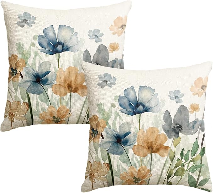 AVOIN colorlife Poppy Flowers Chinoiserie Throw Pillow Covers, 18 x 18 Inch Light Brown Blue Seasonal Leaves Cushion Case Decoration for Sofa Couch Set of 2
