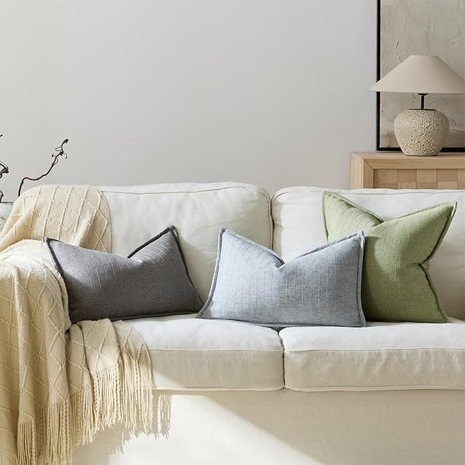 12x20 Linen Pillow Covers Grey Pack of 2 Farmhouse Boho Neutral Accents Striped Textured Rectangular Lumbar Decorative Throw Pillow Cases for Living Room Couch Bed Home Decor