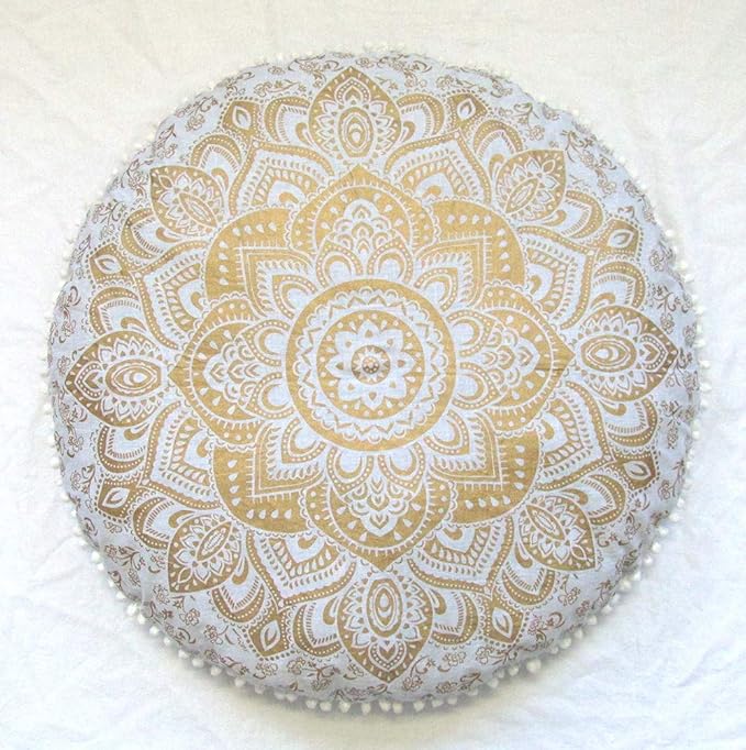 CRAFT KALA Mandala Floor Pillow Cushion Cover Seating Throw Cover Hippie Decorative Bohemian Ottoman Poufs Pom Pillow Cases Boho Indian Cotton Living Room Yoga Home Décor 24" Round, White Gold Flower