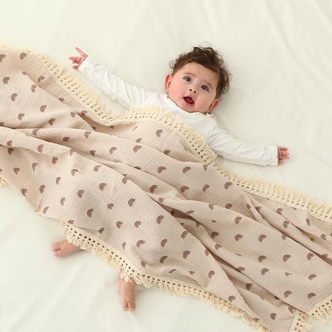 insular Cotton Muslin Baby Blanket with Tassel, Boho Bohemian Muslin Swaddle Blanket Baby Receiving Blanket with Fringe, Nursery Decor Throw or Nursing Blankets, 47" x40”, Khaki Rainbow