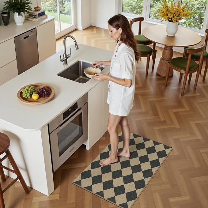 Lessymo Checkered Easy Jute Entryway Rug, 2x3 Washable Area Rug Non Slip Front Door Mat, Farmhouse Non Shed Low Pile Indoor Outdoor Carpet for Kitchen Bathroom Porch, Diamond Black/Beige