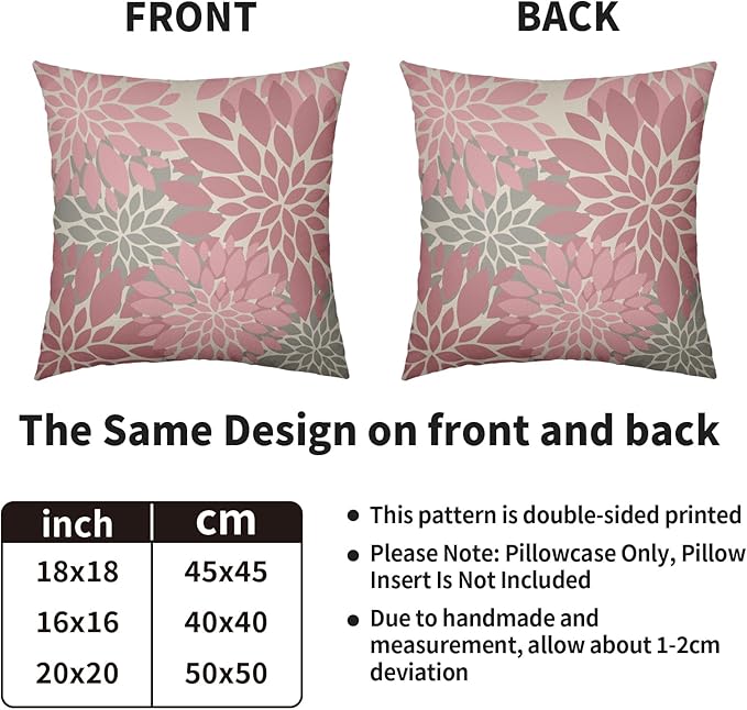 Pink Grey Gray Pillow Covers 20X20 Inch Set of 2, Dahlia Flower Spring Summer Floral Cream Decorative Throw Pillow Covers Outdoor Modern Farmhouse Cushion Case for Home Couch Sofa Bed Decor