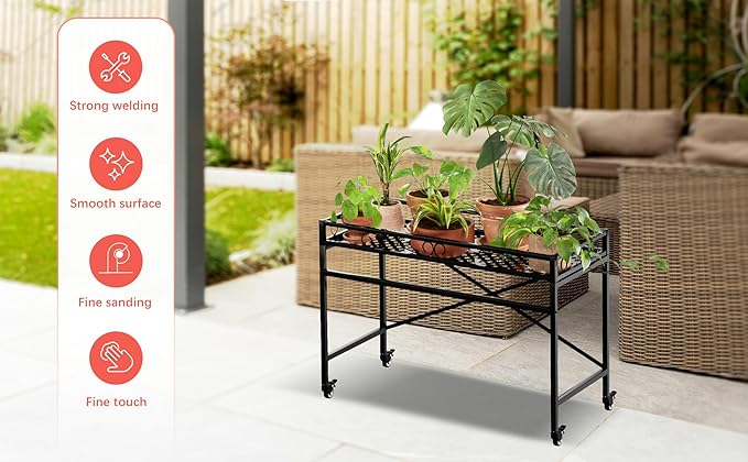 Zhongma Window Height Sturdy Metal Plant Stand with Wheels, 36.6 x 16 x 26.2 in High, Heavy Duty Succulent Shelf for Home Indoor and Outdoor, 220 LBS Capacity & Heavy Duty Construction