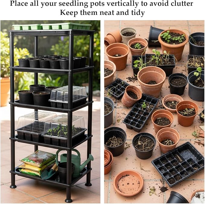 5-Tier Seed Starter Trays, Plant Stand, with Bottom-Watering Design– Reinforced Thickened Shelf for Small Pots, Balcony/Indoor Seed Starting & Greenhouse, Black