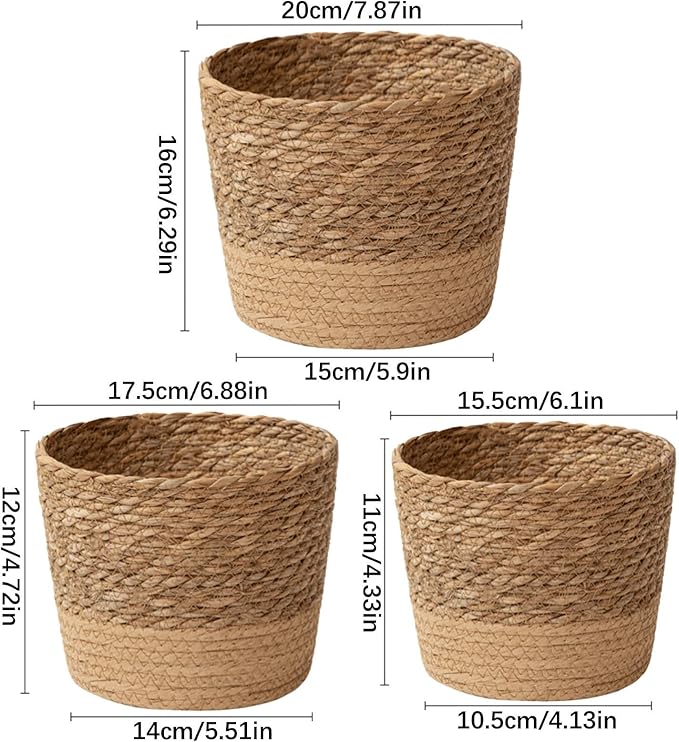 Jute Rope Plant Basket Indoor Modern Woven Flower Pot Basket Seagrass Storage Organizer Planter Rustic Decorative Plant Containers Cover Laundry Bin for Porch Living Room Entryway (3PCS)
