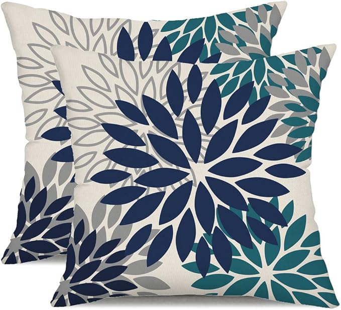DFXSZ Navy Blue Flower Pillow Covers 20x20 Inch Set of 2 Outdoor Throw Pillows Outdoor Waterproof Decor for Living Room Sofa Patio Funiture Garden Floral Polyester Pillow Covers 002X20