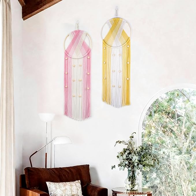 LB 2Pc Boho Macrame Wall Hanging Boho Aesthetic Wall Decor Pink and Yellow Hand Woven Cotton Macrame Wall Art with Wood beads Modern Tapestry for Home, Bedroom, Living Room